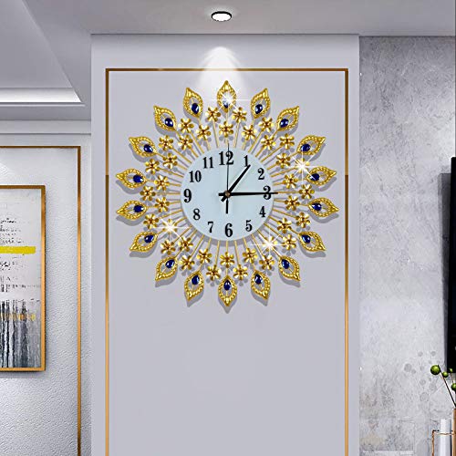 Luxury 15inch Gold Large Wall Clock 3D Non-Ticking Silent Quartz Clocks with Arabic Numerals,Diamond Round Home Decoration Clocks