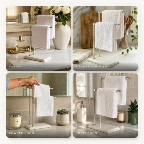 Image of MASON HOME Melrose Hand Towel Stand - White & Silver 1pc |Heavy Marble Base | Easy to Use | Bathroom - Kitchen - Bedroom - Washbasin | Towel - Kitchen Roll - Paper Towel | Decor | Organizer | Stand