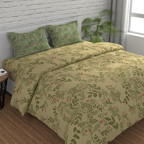 Image of Huesland by Ahmedabad Cotton 144 TC Elastic Bedsheets for King Size Bed with 2 Pillow Covers | Botanical Bliss | Vanilla & Green