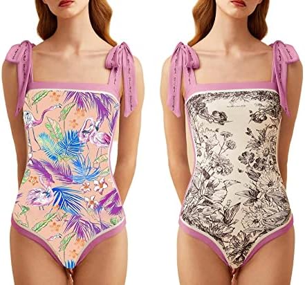 Women's One-Piece Swimsuits Reversible Floral Retro Printing Adjustable Strap Bathing Suits Sexy Tummy Control Swimwear Purple