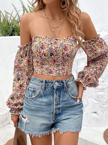 MakeMeChic Women's Off Shoulder Lantern Sleeve Crop Top Boho Ditsy Floral Blouse Shirt3