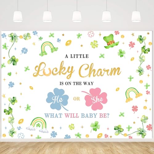 MEHOFOND St Patrick’s Day Gender Reveal Backdrop 7x5ft Lucky Charm Baby Shower Banner Pink or Green Shamrock Background Irish Party Photo Booth Decorations