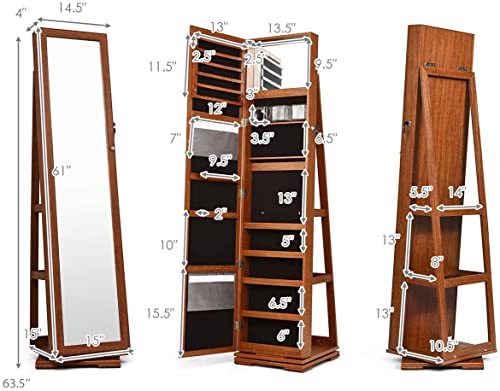 Byroce 360 Rotating Jewelry Cabinet W/Full Length Mirror, 2 In 1 Jewelry Armoire Inside Mirror, Large Storage Capacity, Rear Storage Shelves, Lockable Standing Jewelry Organizer (Walnut) #TOP7