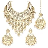 Aheli Elegant Indian Wedding Wear Faux Kundan Studded Choker Necklace with Maang Tikka Set Ethnic Fashion Jewelry Gift for Women (White Kundan & Pearl Drop)