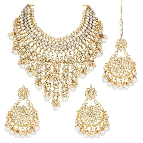 Aheli Elegant Indian Wedding Wear Faux Kundan Studded Choker Necklace with Maang Tikka Set Ethnic Fashion Jewelry Gift for Women (White Kundan & Pearl Drop)