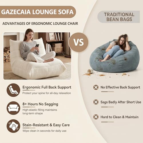 Image of Gazecaia Comfy Bean Bag Chair for Adults Teens | Fireside Floor Lounge Chair, Soft Teddy High-Resilience Memory Foam Bean Bag Couch with Non-Slip Base, for Living Room Bedroom Apartment Office, Beige
