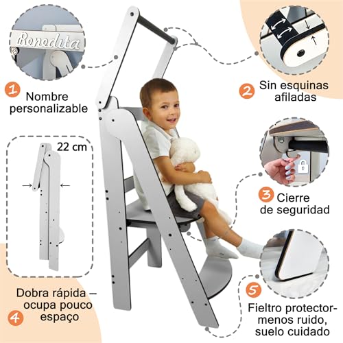 Miniatura 2 de Torre De Aprendizaje Montessori Gris Compacta, Torre De Aprendizaje Evolutiva Niños, Escalera 2 Peldaños, Escalón Infantil, Taburete Infantil, Personalizable Con Nombre, Hecho A Mano