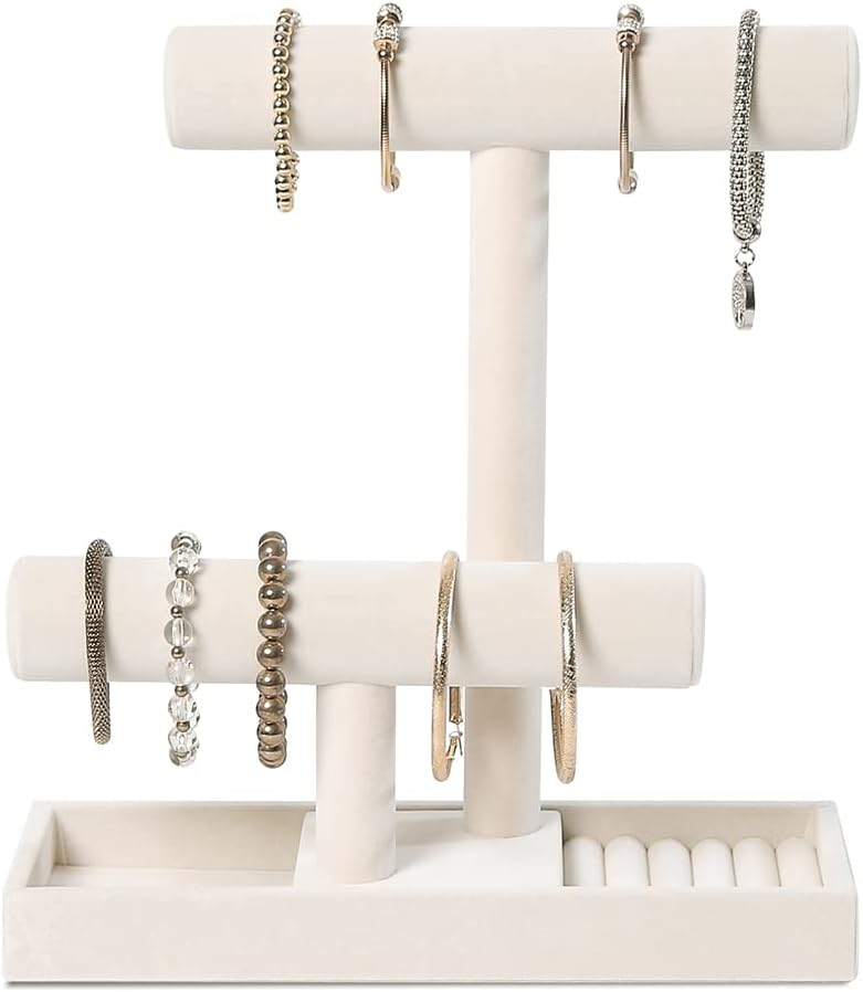 ByKen JewelryByKen Multi-Functional 2 Tier Jewelry Holder,Necklace Bracelet Holder with Earrings Rings Tray,Jewelry Organizer Stand for Scrunchie Watches(Beige Velvet)