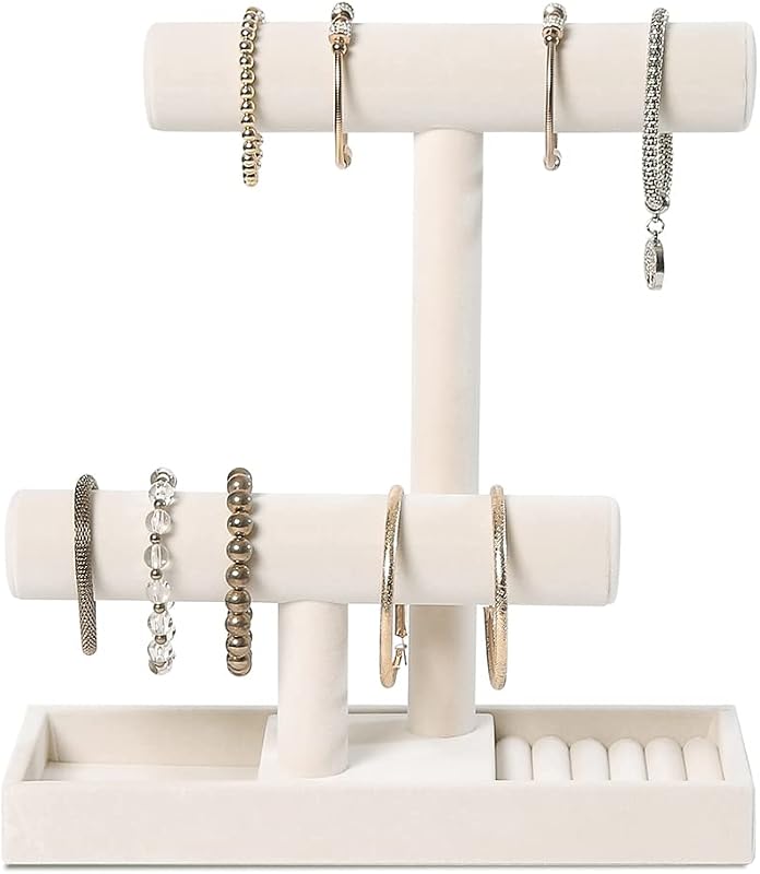 ByKen Soporte para joyas de 2 niveles, soporte organizador para collares y pulseras (Beige) | con bandeja para aretes, envoltura con terciopelo suave, torre de joyería para coletero para relojes, multiusos