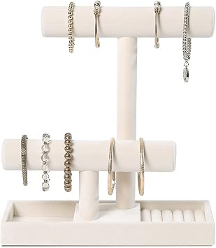 ByKen Multi-Functional 2 Tier Jewelry Holder,Necklace Bracelet Holder with Earrings Rings Tray,Jewelry Organizer Stand for Scrunchie WatchesBeige Velvet