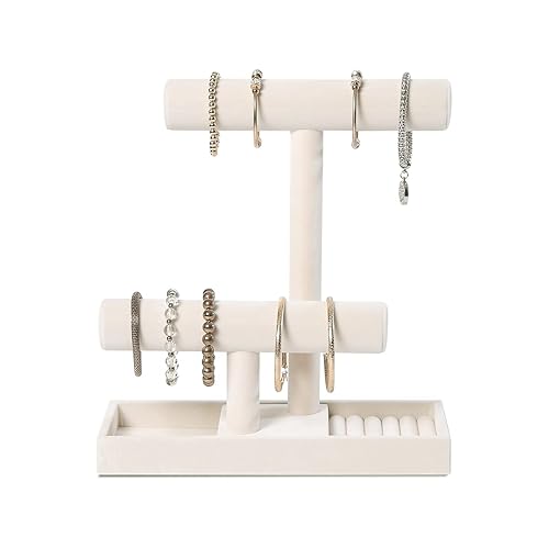 ByKen Multi-Functional 2 Tier Jewelry Holder,Necklace Bracelet Holder with Earrings Rings Tray,Jewelry Organizer Stand for Scrunchie Watches(Beige Velvet) - Beige