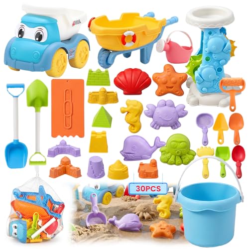 Sandspielzeug, 30 Pcs Sandkasten Spielzeug, Sandspielzeug ab 1 2 3 4 5 6 7 Jahr, Strandspielzeug Kinder Mädchen Jungen, Strand Sandspielzeug Set Sandschaufel, Wassereimer, Sandformen, Netzbeutel