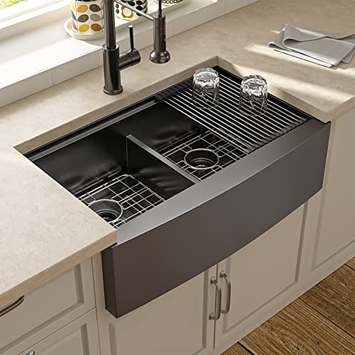 Lordear Matte Black Double Bowl Farmhouse Kitchen Sink 33 Inch Apront Front Kitchen Sinks 50/50 16 Gauge Undermount Stainless Steel Farm Sink 33X22 Inch #TOP7