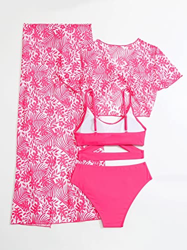 WDIRARA Girl's 4 Pieces Cutout Criss Cross Bikini Swimsuit with Tropical Print Split Cover Up2
