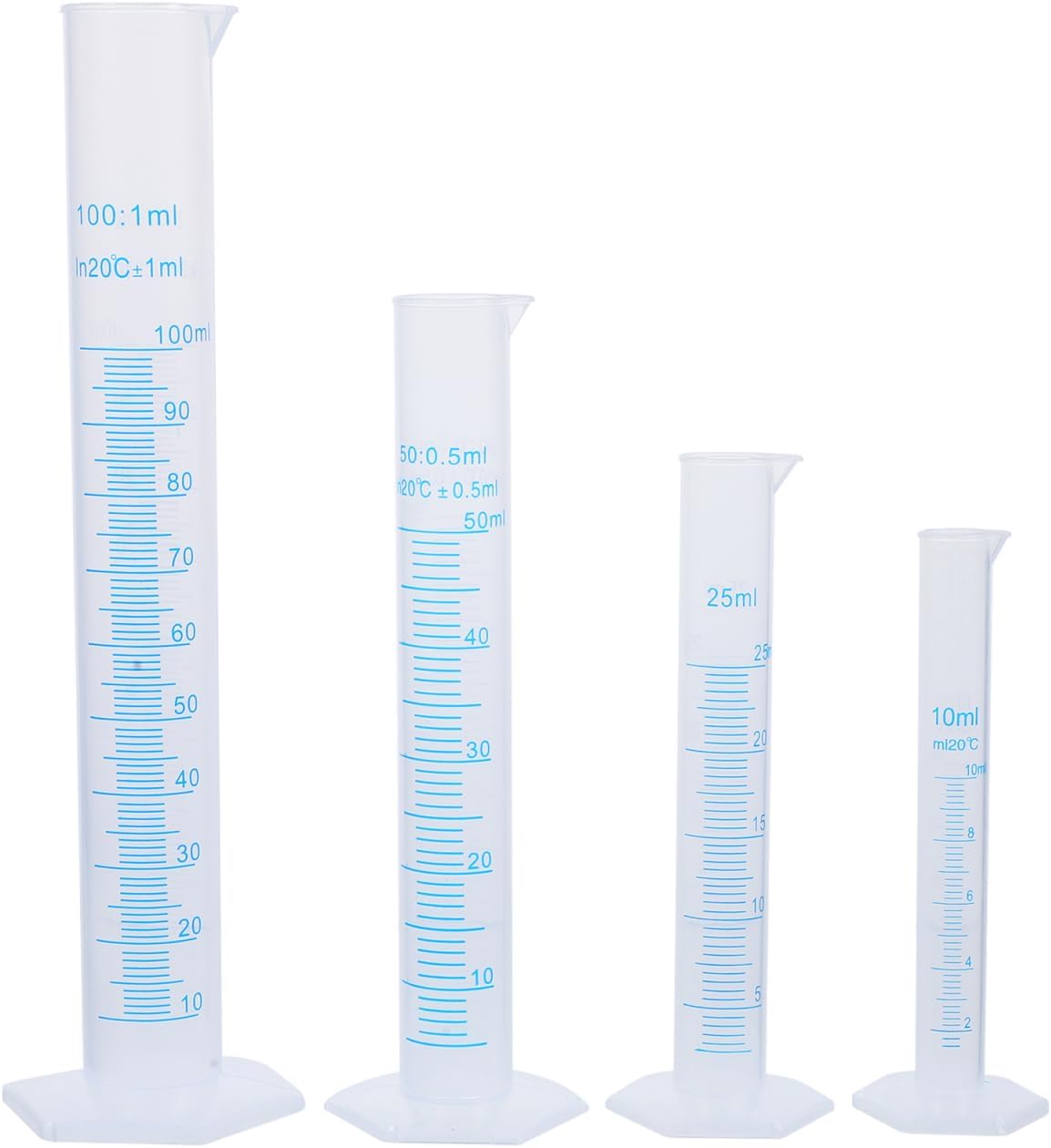 Hemobllo Plastic Measuring Cylinder Set 4 Pcs 10Ml 25Ml 50Ml 100Ml Graduated Cylinders with Stable Pentagonal Base for Accurate Liquid Measurement in Laboratory and Classroom