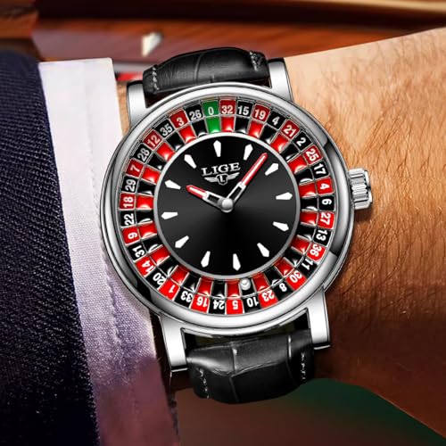 MASTOP Roulette Watch for Men Unique Luxury Quartz Analog Big Face Watch Waterproof Luminous Leather Wrist Watch Casual Fashion Style (Silver Black) by MASTOP - Used condition - Image 7