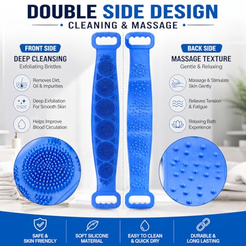 Image of HINOX Silicone Body Back Scrubber Belt for Bath | Soft Exfoliating Silicone Bath Belt for Back Cleaning & Shower Use | Waterproof Reusable Body Scrubber Strap | Flexible Bath Scrubber | Multicolor (1 Piece)