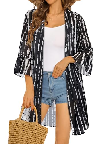 Womens Kimono for Summer Puff Sleeve Cardigan Casual Loose Fit Beach Cover Ups Resorts Swimwear 2026 (Black White Stripe,XL)
