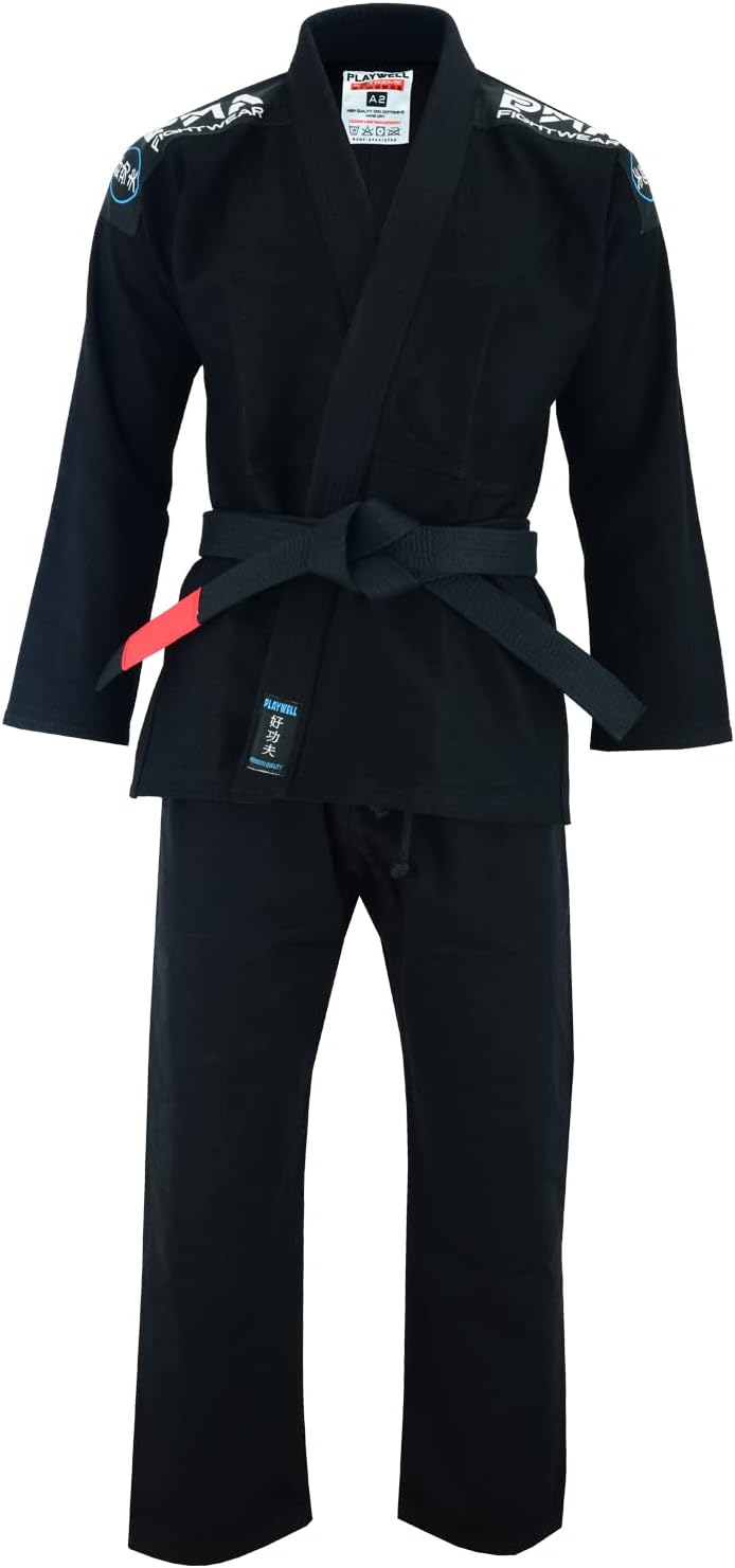 Abito uniforme Playwell Pro da uomo BJJ GI Jiu Jitsu (fornito con cintura Ju Jitsu bianca) – Nero