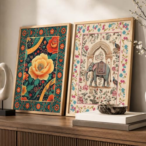 Image of kotart - Indian Wall Art Home Decor Frames Framed Wall Painting for Home Room Bedroom Office Wall Decor Traditional Indian Wall Art Floral Paintings for Living Room Wall Art Painting for Wall Decoration Wall Poster With frames Wall Paintings For Home Decoration set of 2 (Art 3, (10x13 inch), Framed)