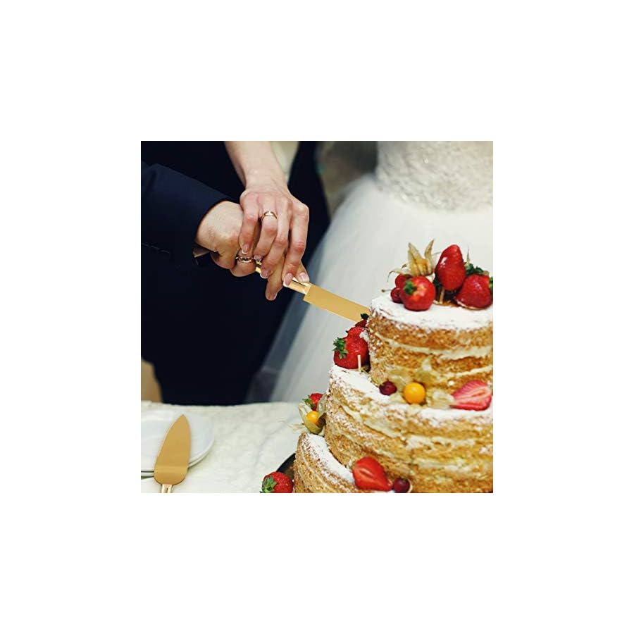 Homi styles Gold Elegant Cake Knife and Server Set, Cake Server and Knife Set of 2 with 420 Stainless Steel Plated Thick Blades, Cake Cutting Set for Wedding, Birthdays, Anniversaries, and Parties