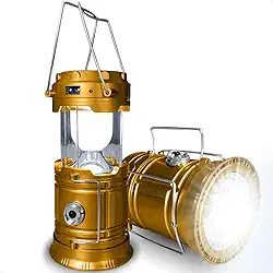 Lampião Retrô de Camping Lanterna LED 2 em 1 Recarregável com Luz Solar Luminária Portátil de Multiuso para Acampamento Pesca Trilhas com Carregador USB de Design Premium (Dourado)