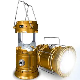 Lampião Retrô de Camping Lanterna LED 2 em 1 Recarregável com Luz Solar Luminária Portátil de Multiuso para Acampamento Pesca Trilhas com Carregador USB de Design Premium (Dourado)