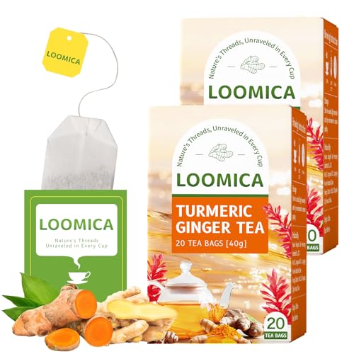 Image of LOOMICA Turmeric Ginger Tea Bags, Caffeine Free, 100% Natural Warm & Spicy Herbal Blend with Zesty Turmeric and Ginger for Comfort, Individually Wrapped Bags, 20 Counts (Pack of 2)