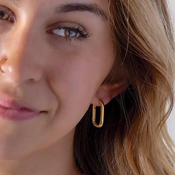 Image of Shining Diva Fashion Anti Tarnish Jewellery Celebrity Inspired 14k Real Gold Plated Simple Plain Link Chain Chunky Huggie Hoop Trendy Stylish Copper Earrings for Women Girls