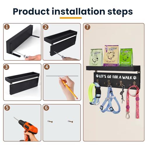 Dog Leash Holder for Wall, Dog Leashes Hangers for Wall Mount, Wood Dogs Leashes Holder for Wall with Four Double Key Hooks Leash Rack for Walls (Black) - Image 5