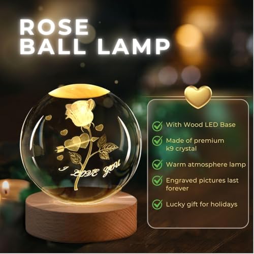 Image of STARKENDY 3D Rose Crystal Ball LED Night Lamp, Creative Engraved Night Light Wooden Base, Warm White Decorative Table Lamp for Home, Office, Bedroom, Birthday Gift
