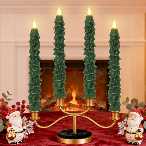 Image of Crystal Club Christmas Tree Flameless Taper Candles, Battery Powered Candles with 3D Flickering Flame Wick & Remote Timer, Real Wax LED Taper Candlesticks for Holiday Christmas Decor, Set of 4