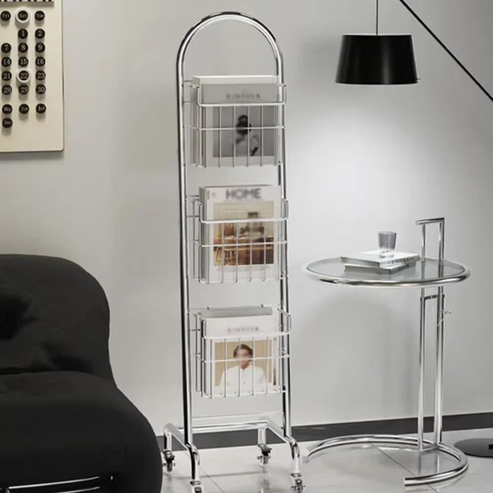 Simple Revistero portátil de 3 niveles con ruedas for sala de estar, estante giratorio for libros, cesta colgante de alambre de metal Oficina