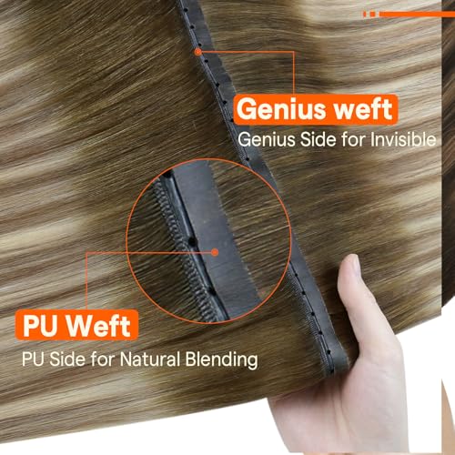 Image of Full Shine Butterfly Weft Hair Extensions 22 Inch 100G 5Pcs for Long Hair | Balayage Olive Brown to Ash Brown Mix Blonde, Breathable PU Holes Hairpieces, Straight Remy Hairpiece, Daily Wear Solution