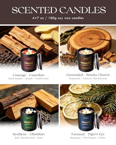 Image of AOOVOO Crystal HEAL Candles Set - 4 Pack Candles for Home Scented | Candle with Crystals, Obsidian for Resilient /Tiger's Eye for Focused /Carnelian for Courage /Smoky Quartz for Grounded