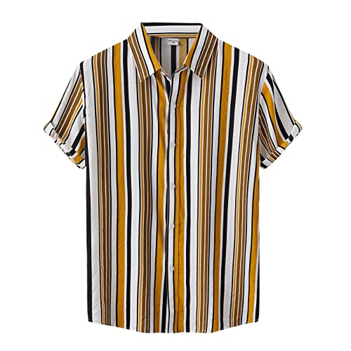 Haoricu HAORICU_2357 Summer Men'S Short Sleeve Blouse Summer V Neck Shirts Stripes Print Button Up Loose Shirts Blouse cover