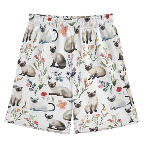 Boys Athletic Shorts Boys with Pockets Light Weight Running Short Pants L Cartoon Siamese Cats