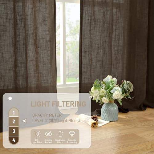 Image of LAMIT Brown Linen Curtains 63 Inch Length for Bedroom, Chocolate Semi Sheer Window Drapes Light Filtering Bronze Grommet Panels for Living Room /Farmhouse, 2 Panels, Dark Brown, 52 x 63 Inch