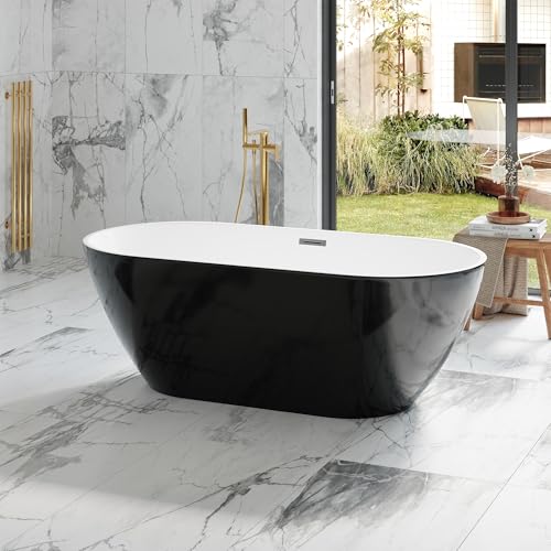 Image of 59 Inch Freestanding Bathtub Acrylic Soaking Tub with Integrated Overflow, Compact Stand Alone Tub Freestanding Tub for Small Bathroom Remodel, Deep Soaking Comfort