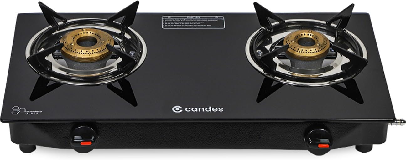 Glass Gas Stove 2 Burners Premium Die Cast Alloy | Manual Ignition Tornado Burner With 6 mm Toughened Glass Top | Nylon Ergonomics Knob | LPG Compatible | ISI Certified | 1 Yr Warranty | Black