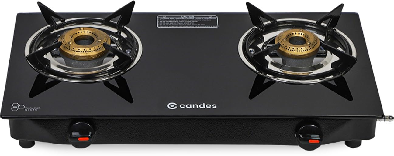 Candes Glass Gas Stove 2 Burners Premium Die Cast Alloy | Manual Ignition Tornado Burner With 6 mm Toughened Glass Top | Nylon Ergonomics Knob | LPG Compatible | ISI Certified | 1 Yr Warranty | Black