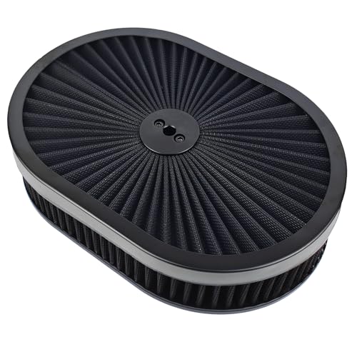12' x 2' Black Oval Super Flow Thru Air Cleaner 5-1/8 Carb Neck Washable Fits for SBC GMC Chevy Ford Dodge Hot Rod