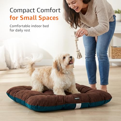 Image of Amazon Basics Pet Bed | Small | Reversible Premium Velvet Pet Bed for Cats & Small Dogs (Pug, Shih Tzu, Dachshund) | Soft & Durable | Coffee & Light Blue | 63 x 63 x 7 cm
