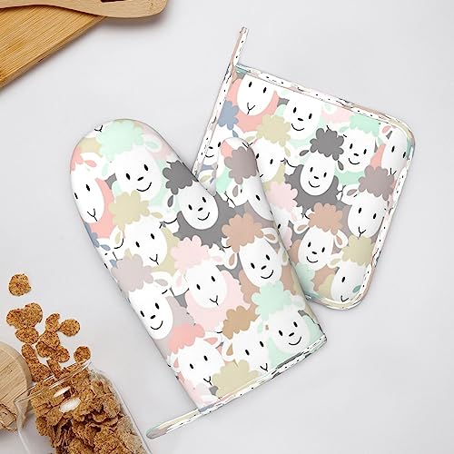 Sheep Cartoon Pattern Oven Mitts And Pot Holders Heat Resistant 2Pcs Set Bbq Gloves And Pads For Cooking Baking Grilling #TOP7