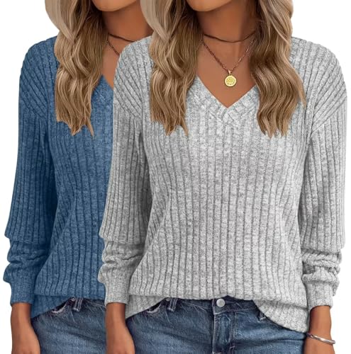 Womens Long Sleeve V Neck Shirts 2025 Fall Tops Casual Outfits Blouses Pullover Sweaters Tunic Fashion Clothes