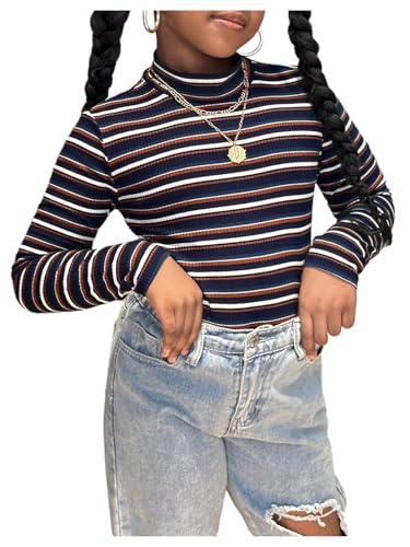 Floerns Girl's Striped Mock Neck T Shirts Long Sleeve Rib Knit Fitted Casual Tee Top