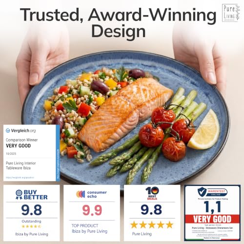 Image of 18 Piece Stoneware Dinnerware Set for 6, Handmade Plates and Bowls Set | Reactive Glaze Coating, Dishwasher & Microwave Safe Dish Set, Chip & Scratch Resistant Dishware Set, Ibiza Deep Blue