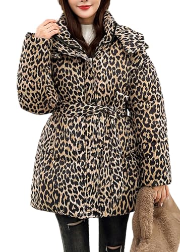 utcoco Womens 2024 Fashion Leopard Belted Padded Puffer Coat Winter Warm Quilted Jackets Parka with Removable Hood