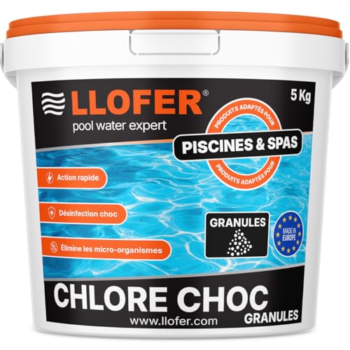 Llofer - Chlore Choc Piscine Granulés 5kg – Désinfection Rapide et Efficace – Traitement Choc Eau Verte – Compatible Tous Types de Piscines – 55% en...