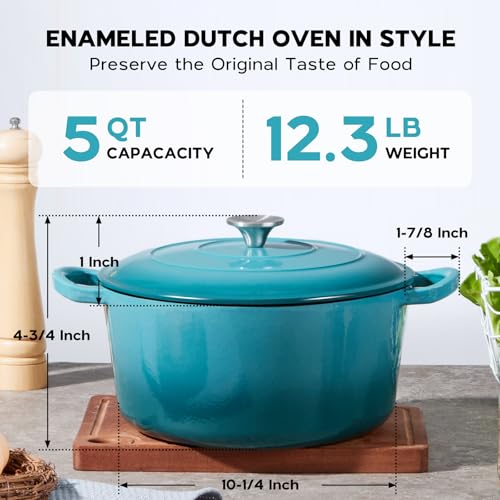 Onader 5QT Dutch Oven for Bread Baking, Enameled Cast Iron Round Dutch Oven Pot with Lid, Heavy Duty - Dark Cyan